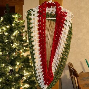 Festive Crochet Infinity Scarf - Red, White, Green